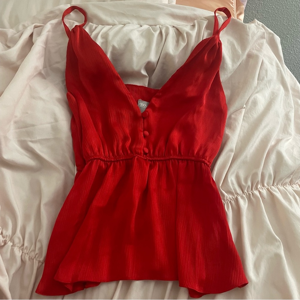 NWOT Asos Red Plunge button down peplum cami top. Size 2